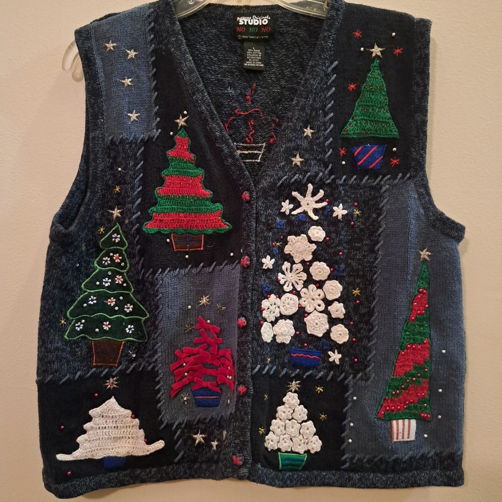 Studio Ho Ho Ho Sweater Vest Womens Large Christmas Tree‎ Button Up 90s Vintage